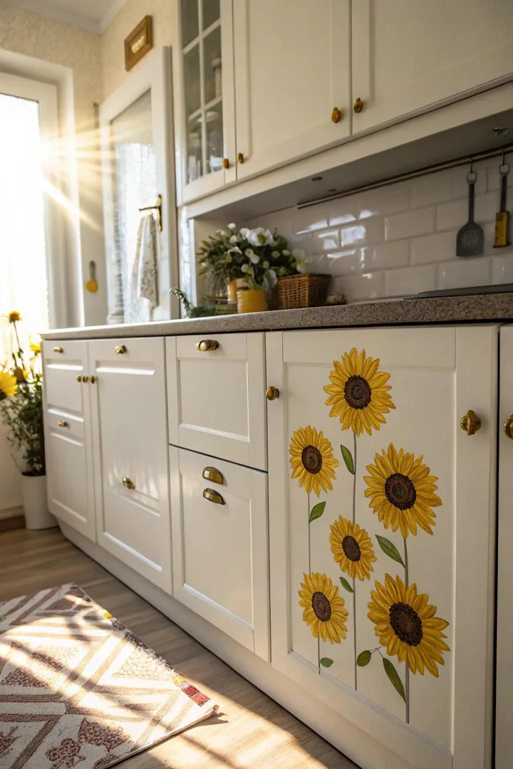 Sunflower decals on kitchen cabinet doors.