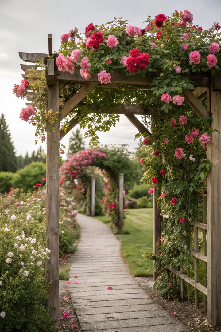 Classic floral entry arbor with climbing roses.