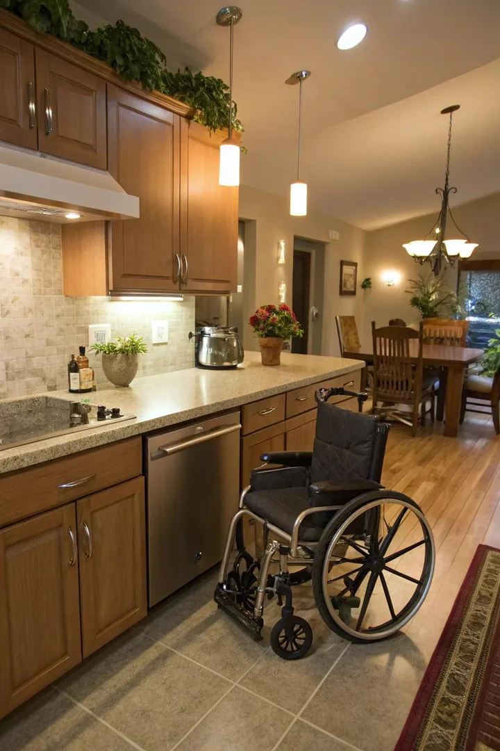 Lowered countertop section for wheelchair access.