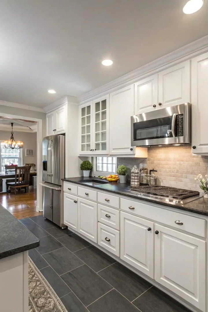White Shaker cabinets with dark gray granite countertops.