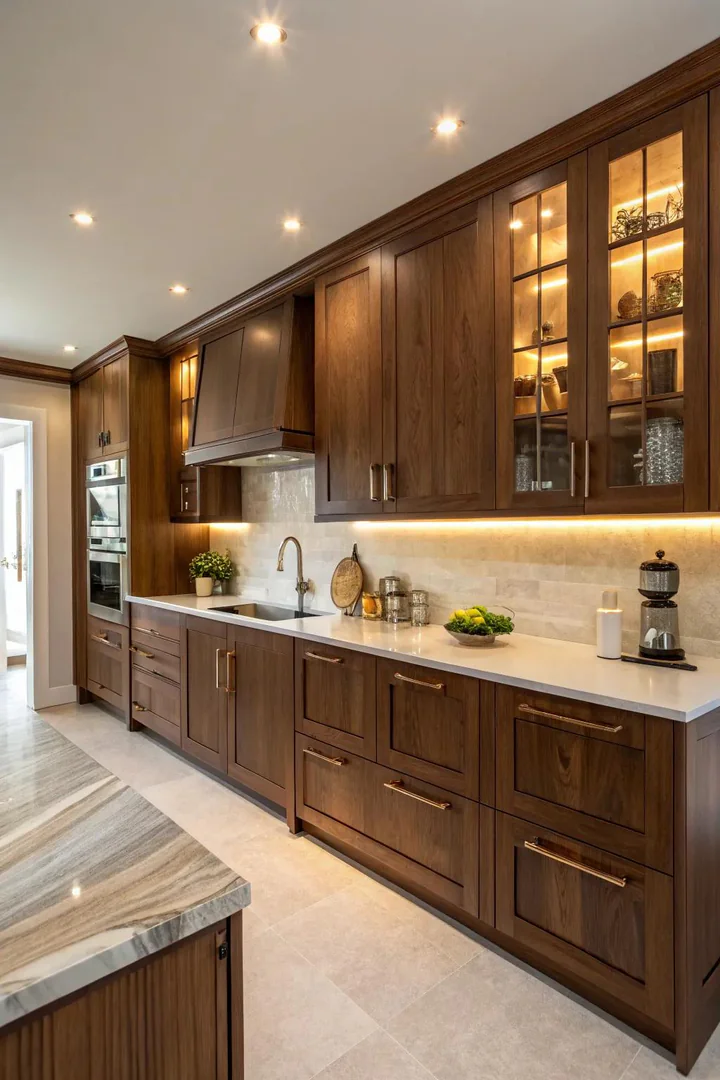 Classic walnut wood kitchen cabinets.