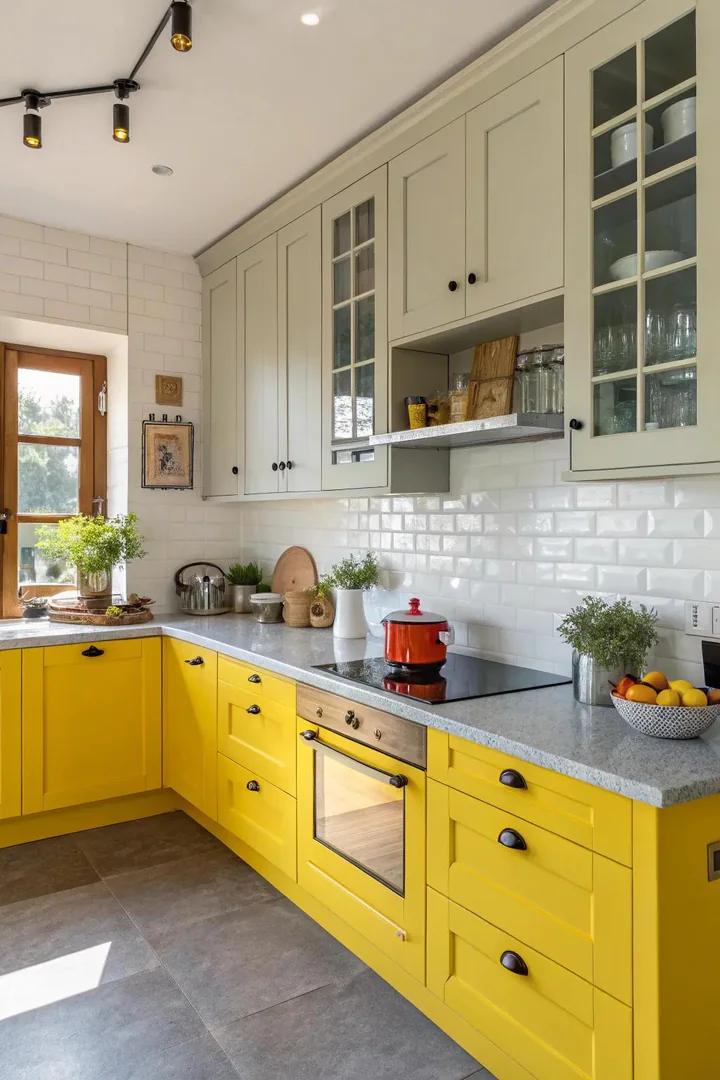 Sunny yellow cabinets paired with white countertops and grey floors.
