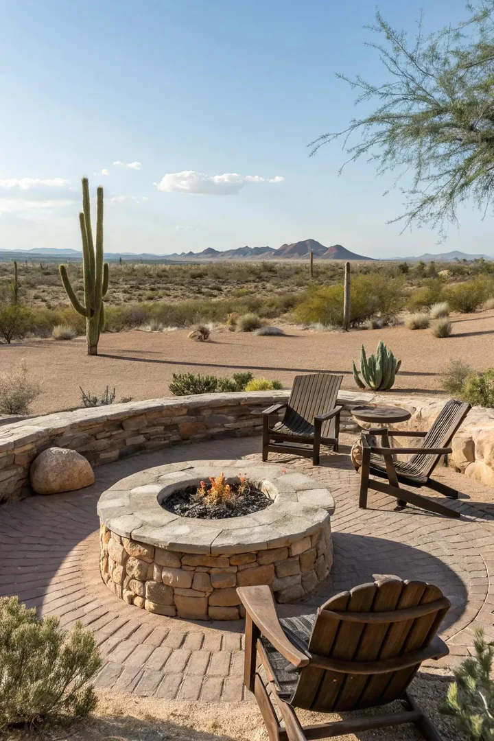 Gas fire pit on a desert patio with Adirondack chairs and string lights at dusk