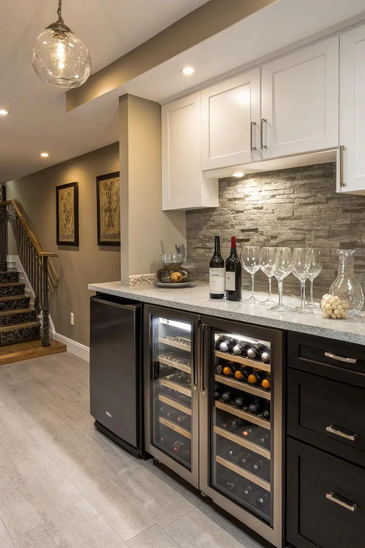 Under-counter wine refrigerator built into a basement kitchen cabinet run