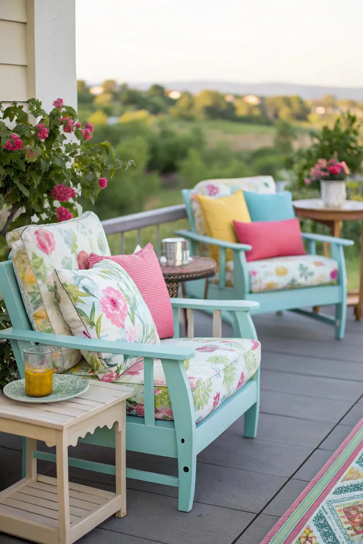 Repurposed thrift-store furniture on a budget patio.