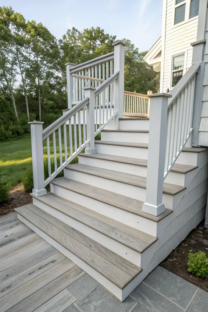 Corner deck stairs in classic neutral cedar tone with white painted railings