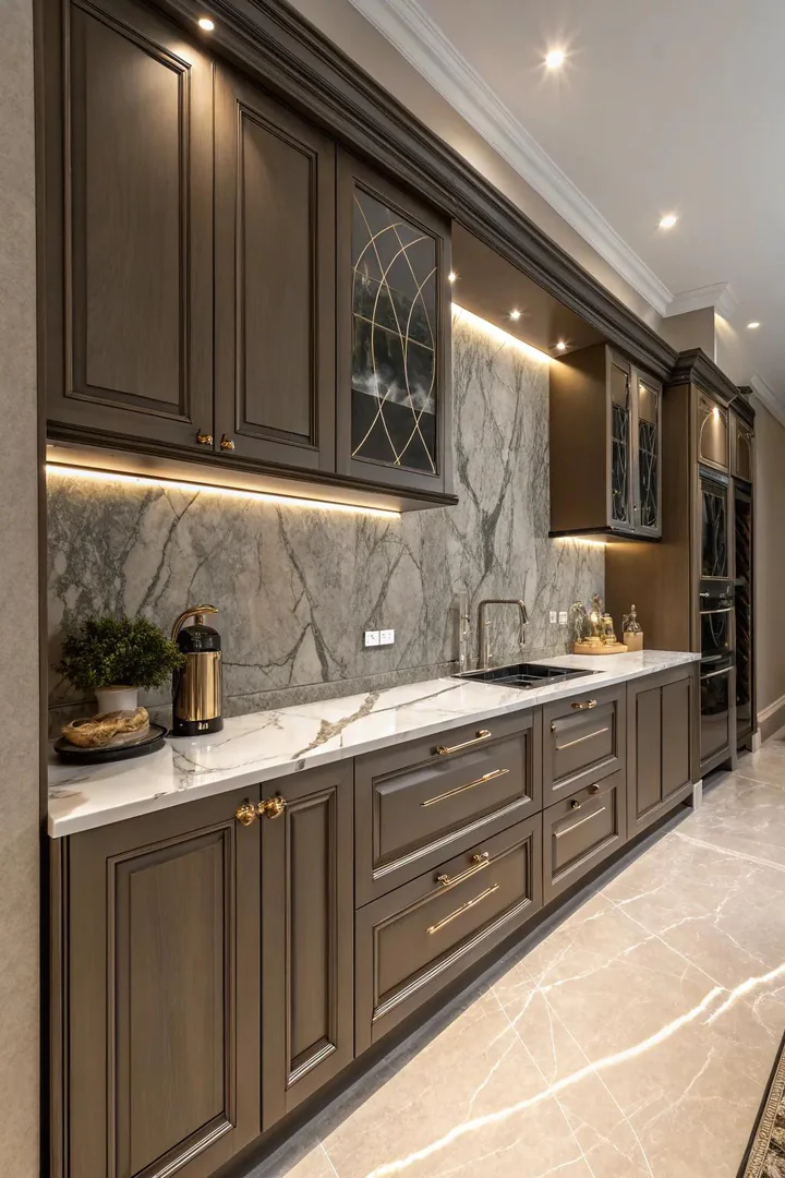 Veined marble adds depth to dark beige cabinetry.