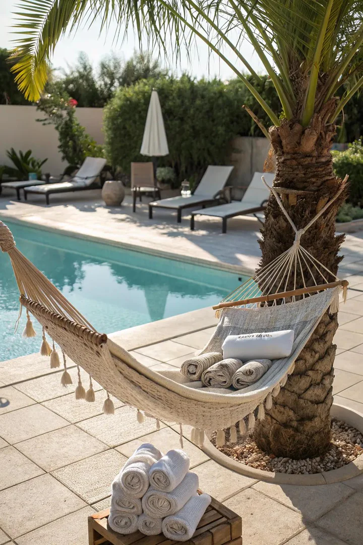 Poolside hammock lounge beside a swimming pool.