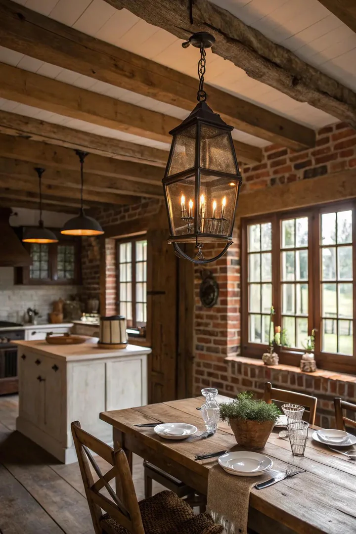 Rustic metal lantern chandelier with glass panels in a kitchen