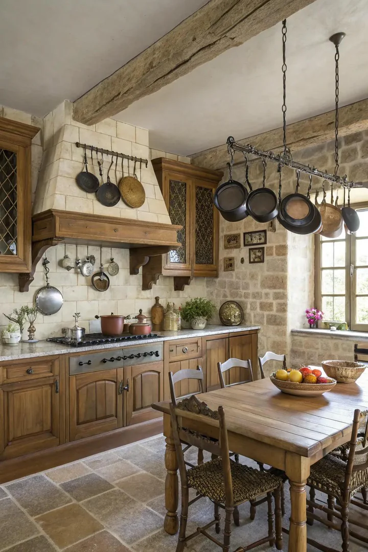 Displayed cookware hanging in a French country kitchen.