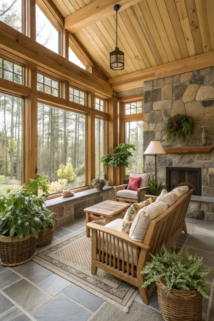 sunroom with exposed wood beams, stone floor, and large potted plants