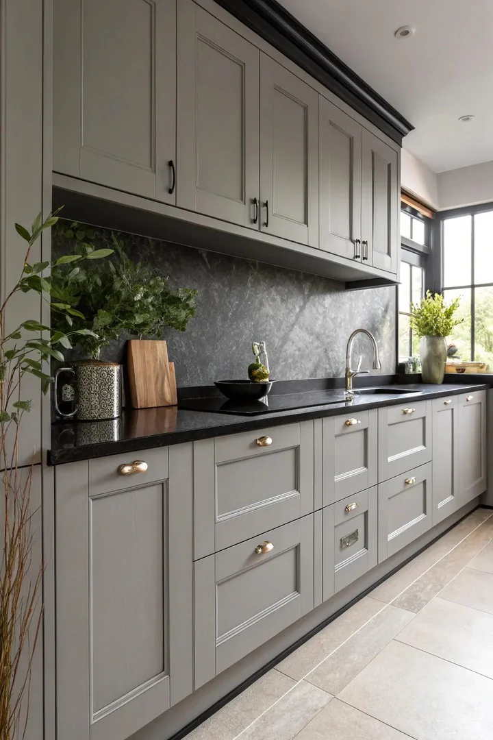 Dark charcoal grey cabinets with white marble countertops.