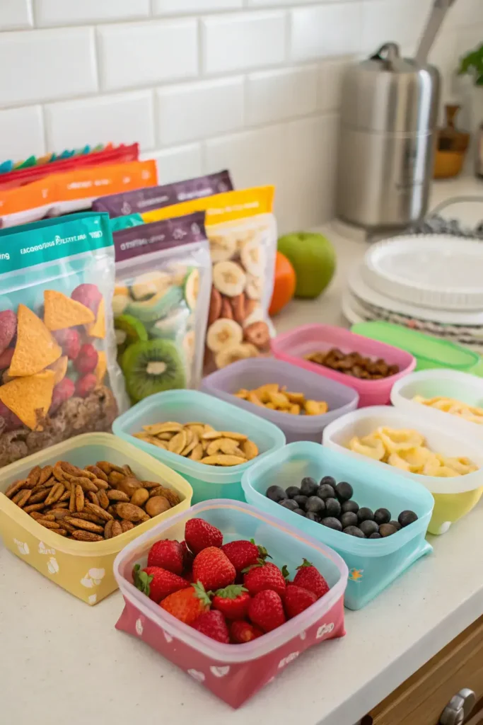 Reusable silicone storage bags for kitchen organization.