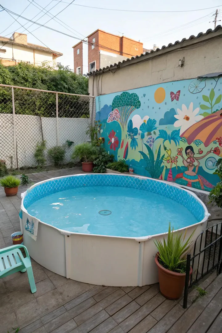 Above-ground pool with a hand-painted ocean mural on the exterior wall