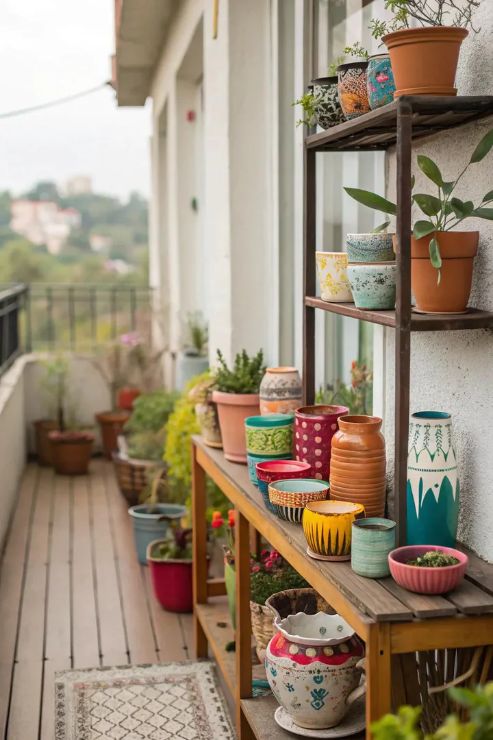 Small terrace decorated with personal items including artwork, photos, and collected objects