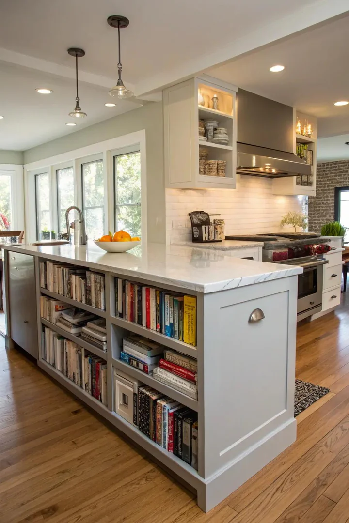 Kitchen peninsula with built-in cookbook shelving.