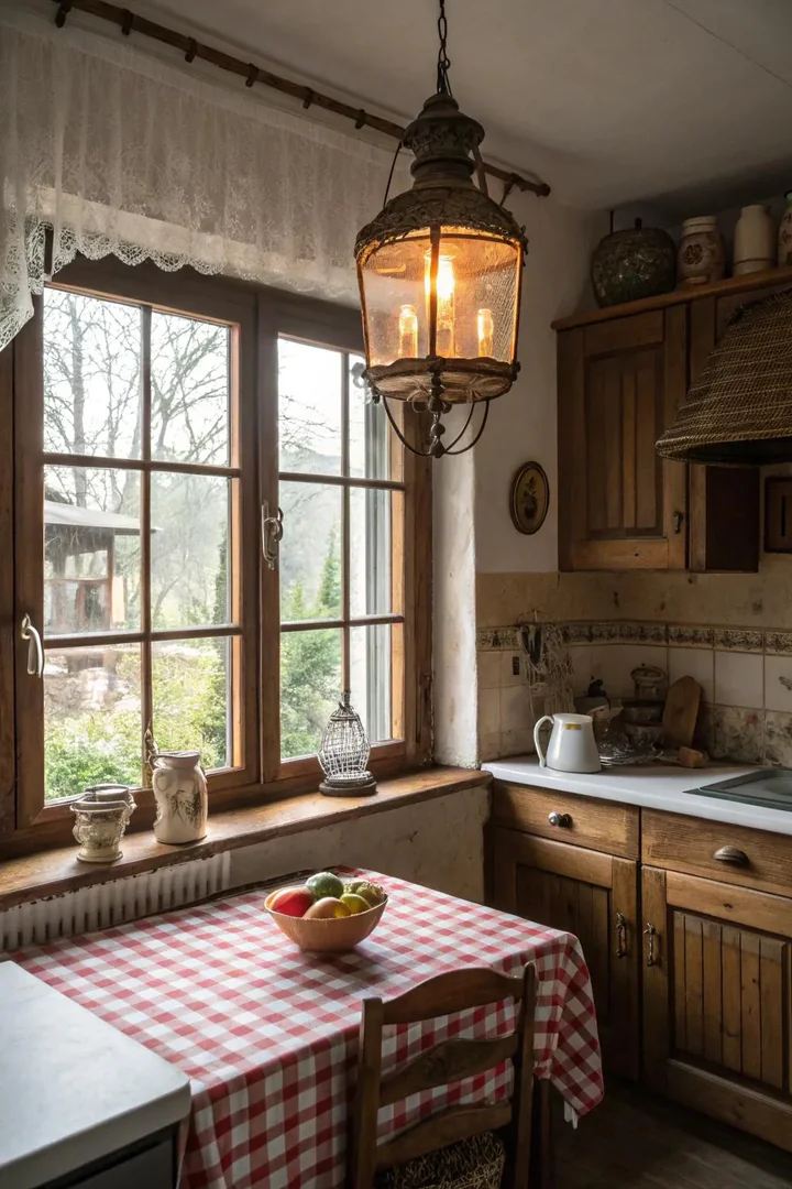 Vintage lantern pendant hanging in front of a kitchen window over the sink.