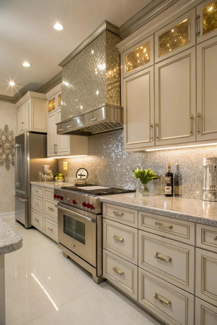 Metallic accents reflecting light in a windowless kitchen.