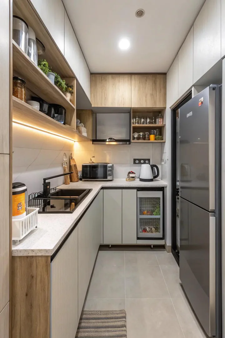 Slimline counter-depth appliances in a small kitchen.