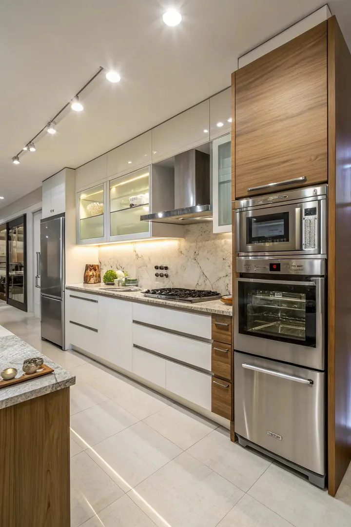 Polished stainless steel kitchen appliances staged neatly