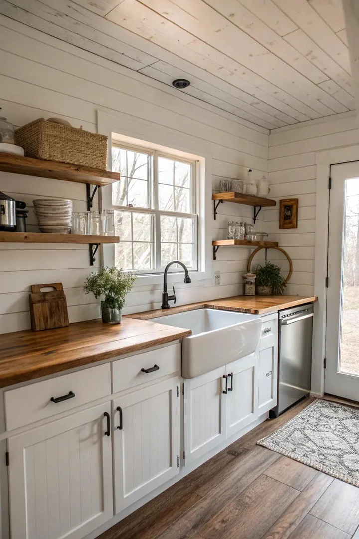 Shiplap accent wall in a kitchen.