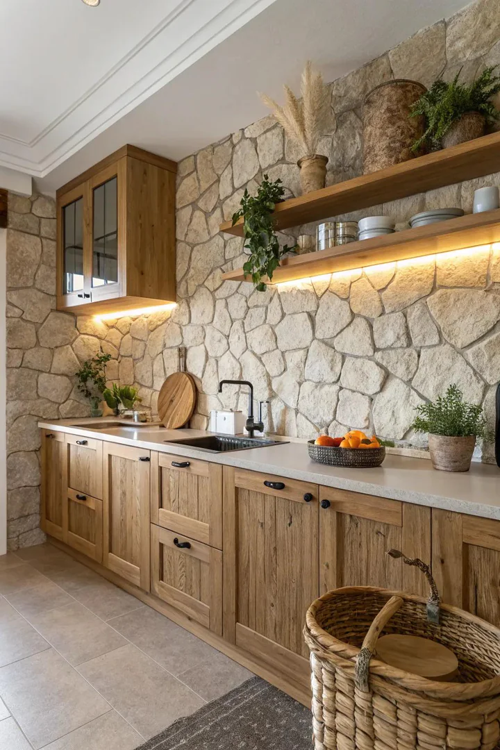 Textured natural stone kitchen backsplash.