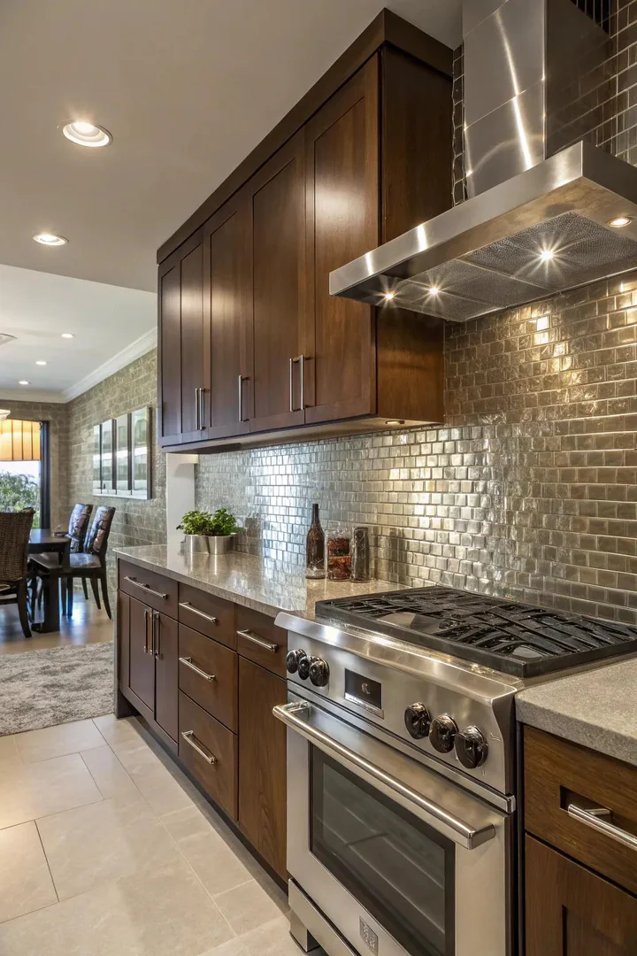 Copper and bronze metallic mosaic backsplash tiles with a warm reflective sheen