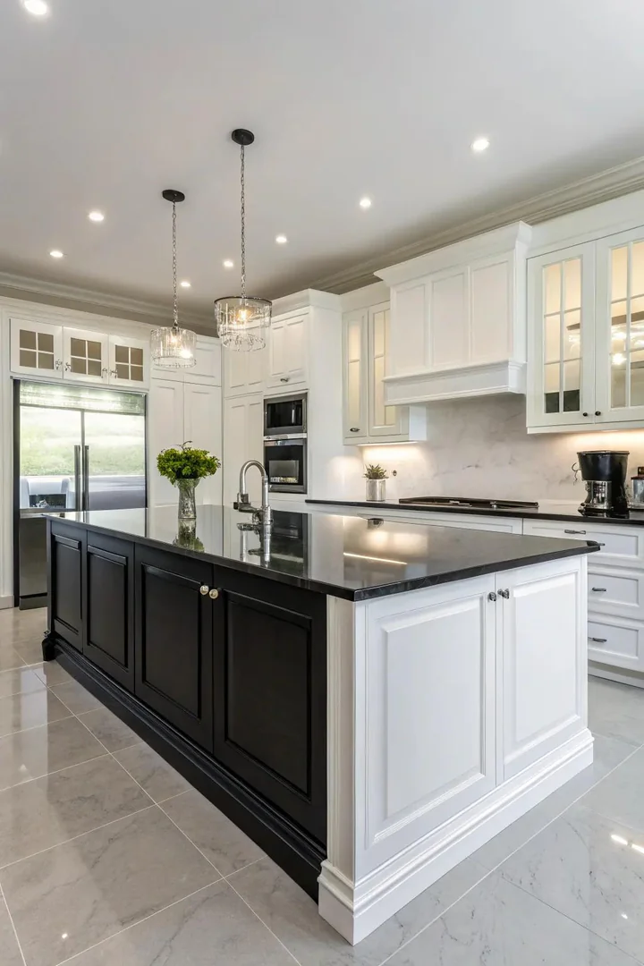 High-gloss black kitchen island reflecting light against white cabinets