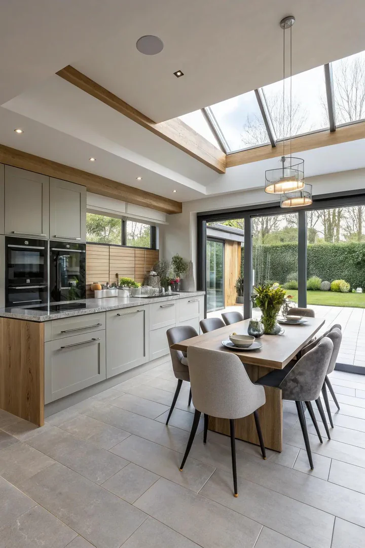 Kitchen with a built-in banquette and dining table