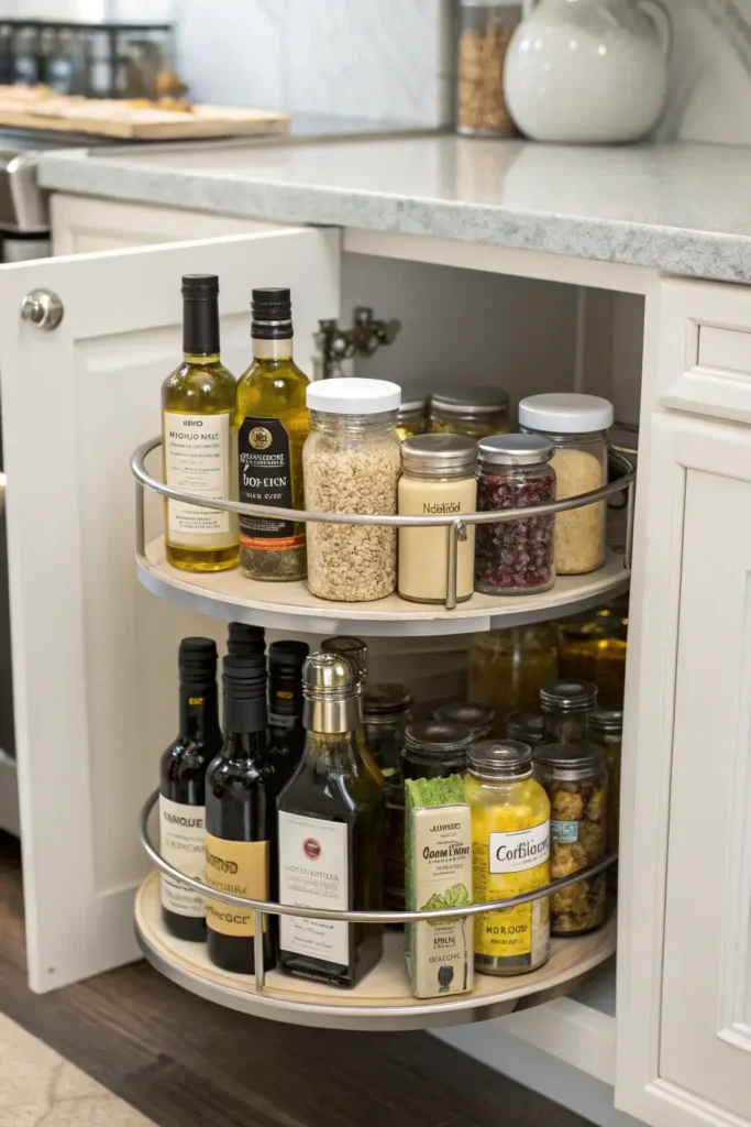 Lazy Susan turntable in a kitchen cabinet.