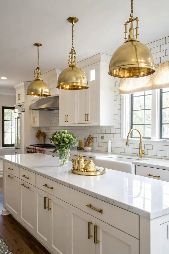 Gold light fixtures coordinated with gold cabinet hardware in a kitchen.
