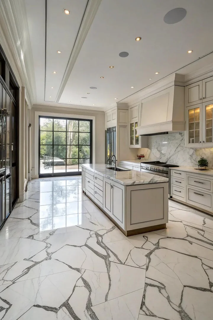 Calacatta marble statement floor in a kitchen.