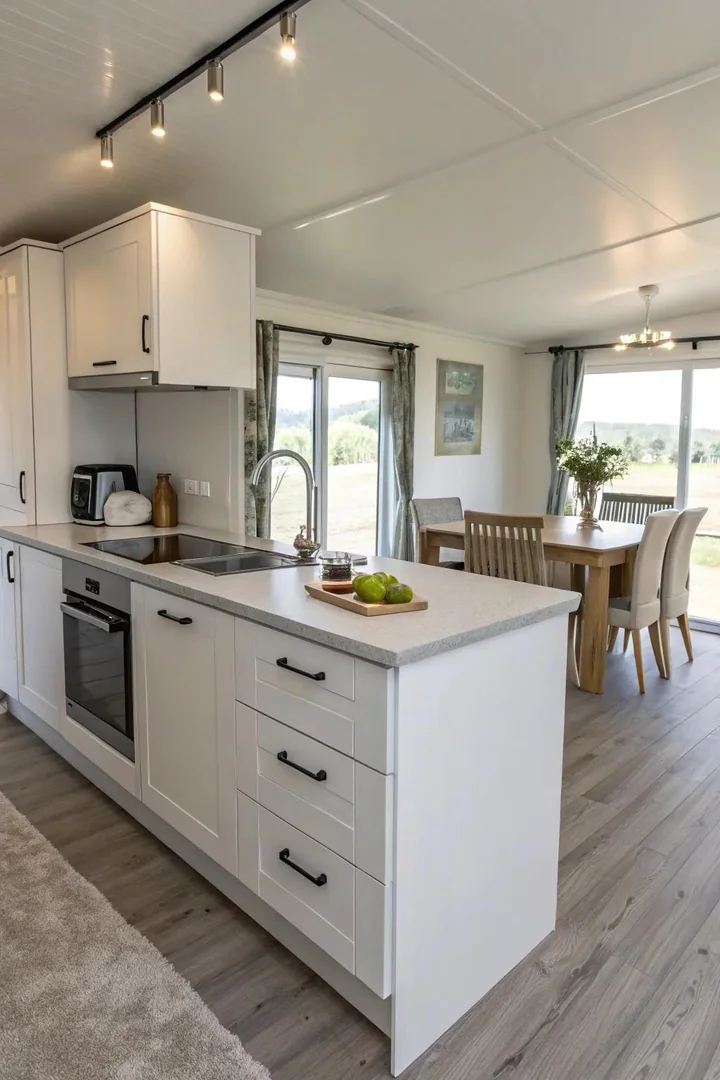 Flat-panel island with clean lines and push-to-open doors in a white kitchen
