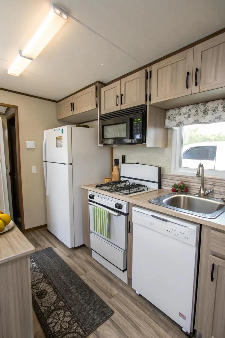 Compact appliances in a mobile home kitchen.