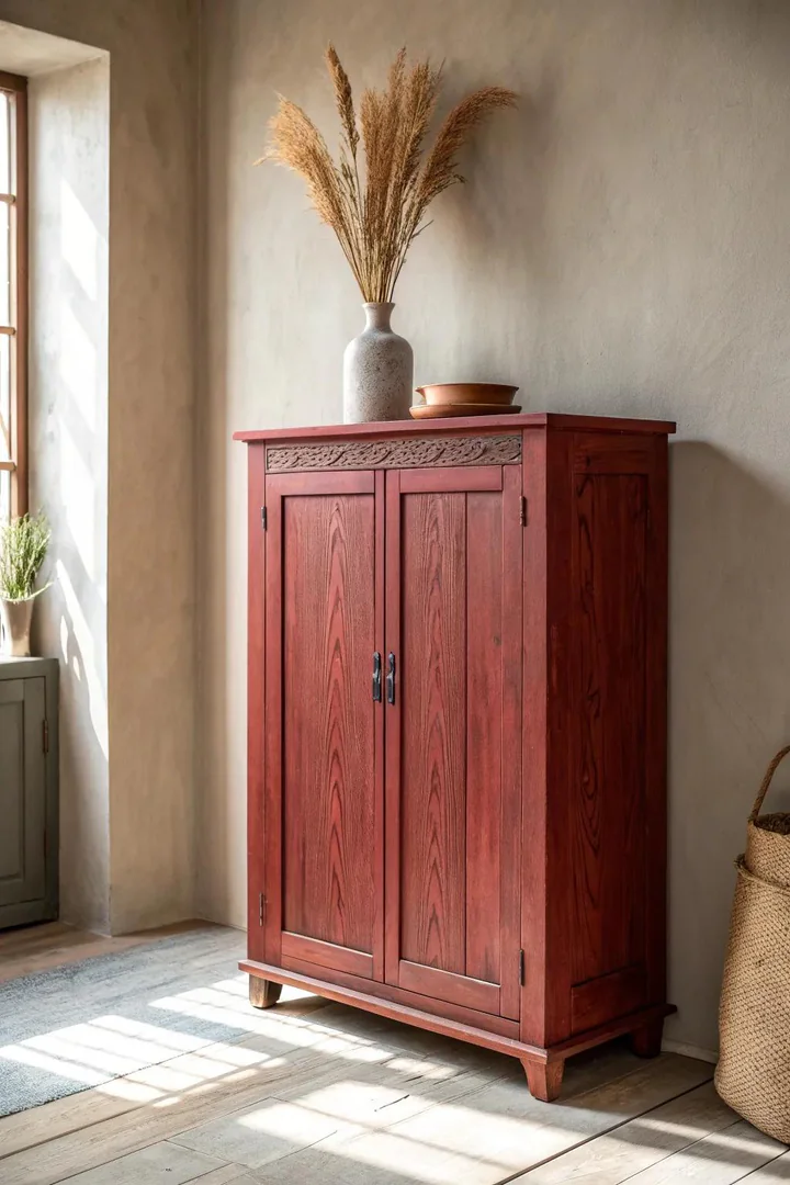 Rustic barn red painted kitchen cabinets.