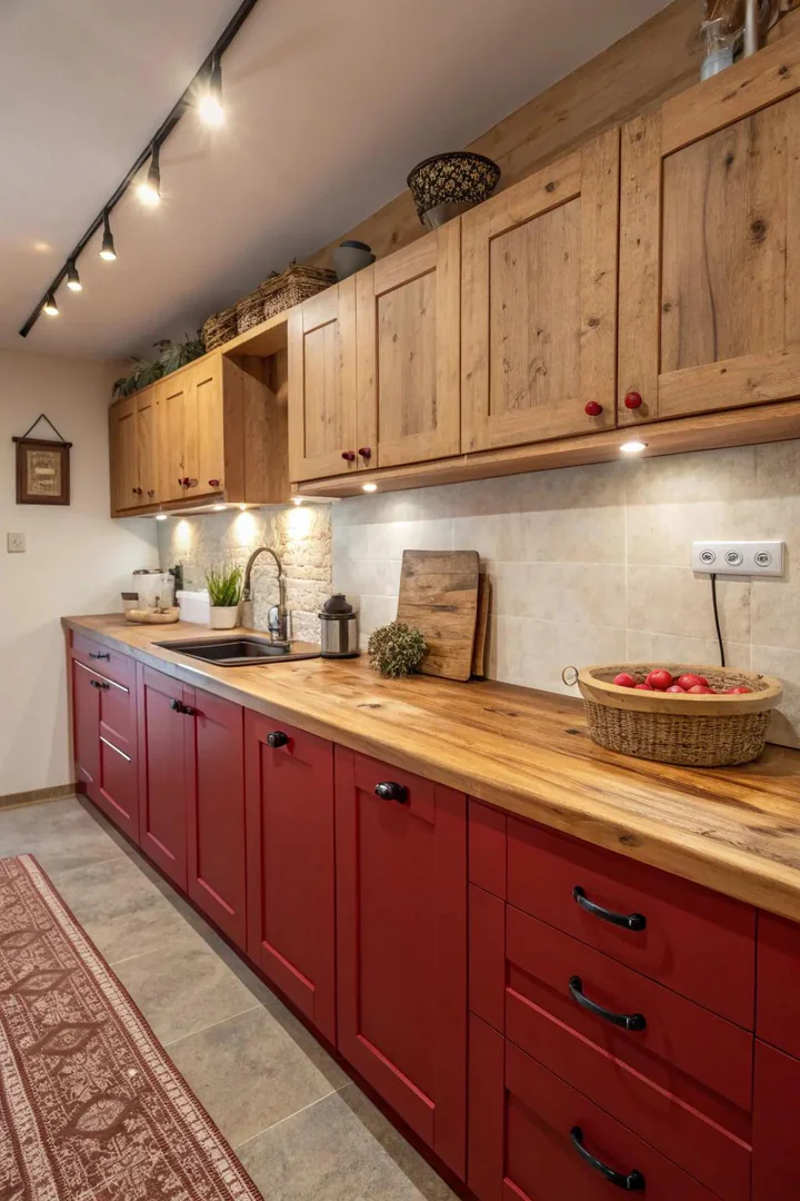 Rustic kitchen combining red accents with natural wood.