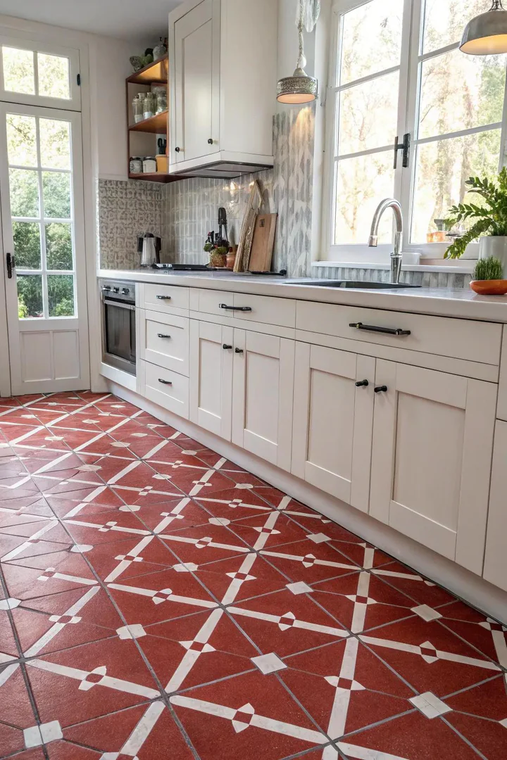 A sophisticated red diamond tile arrangement in a kitchen.