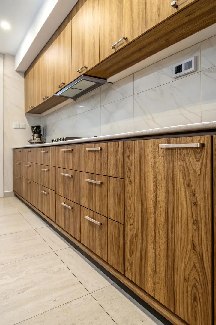 White vinyl wrap covering dark wood cabinet doors