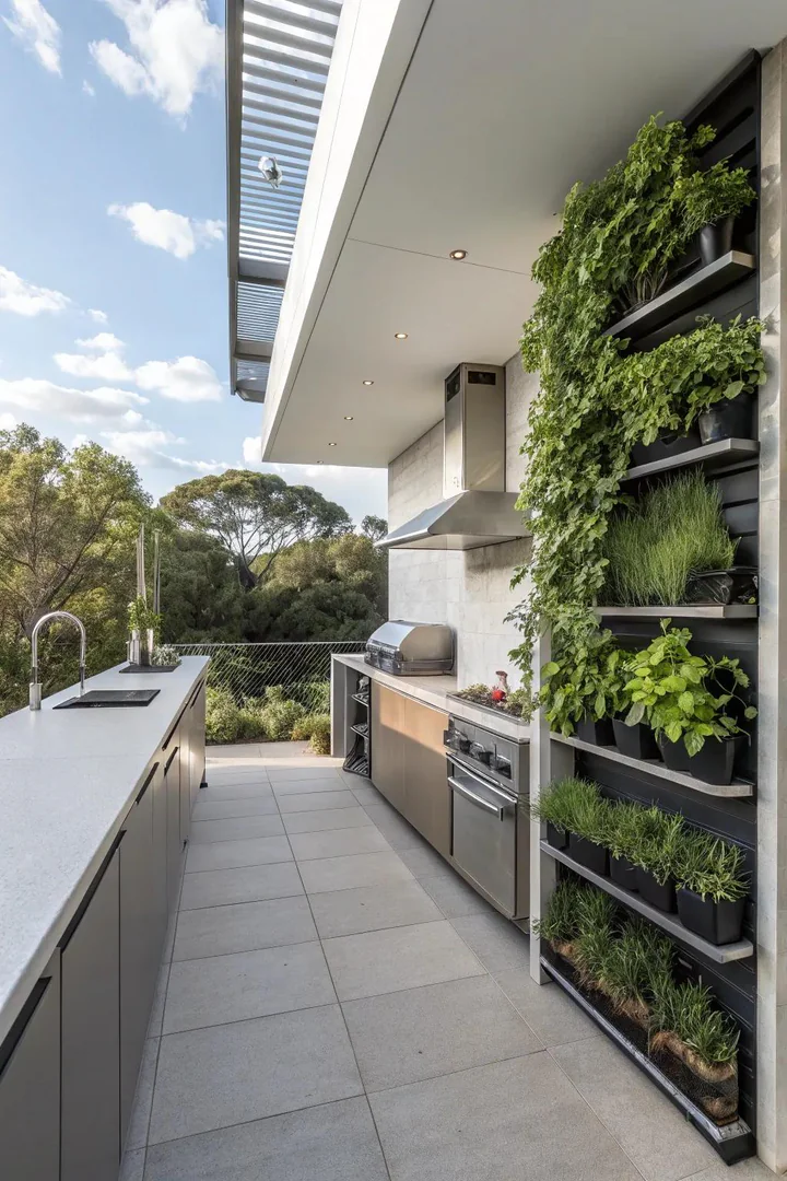 Herb garden integrated into an outdoor kitchen.