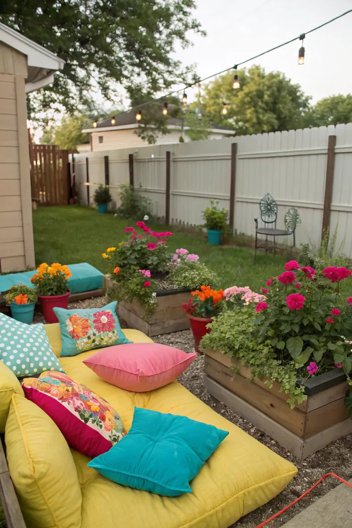 Brightly painted planter pots and a colorful outdoor rug adding bold color to a small backyard