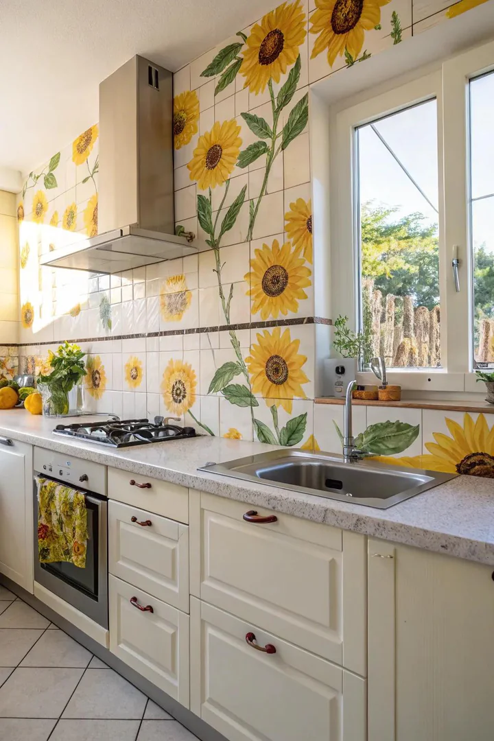 Vibrant sunflower pattern backsplash tiles.
