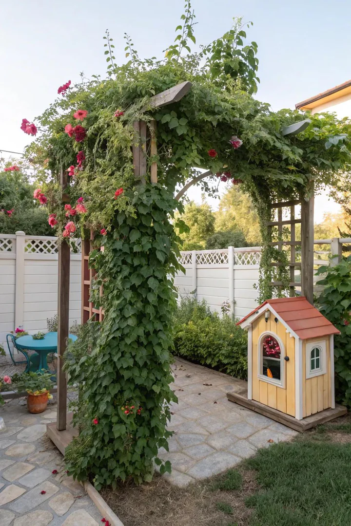 Children's play arbor covered with climbing plants.