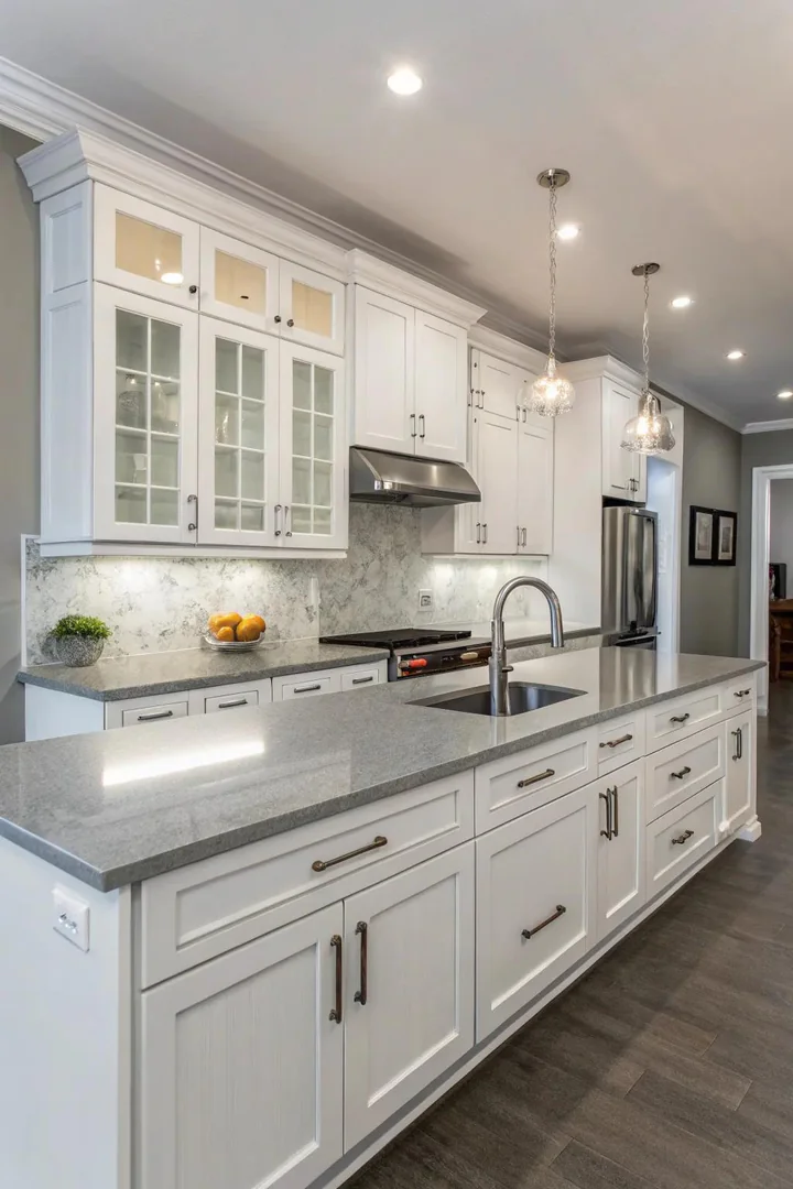 White kitchen with engineered gray quartz countertop.
