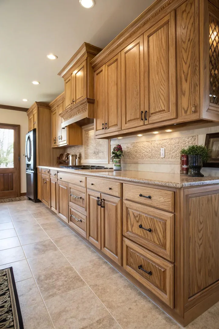 Ash wood kitchen cabinets with visible grain patterns.
