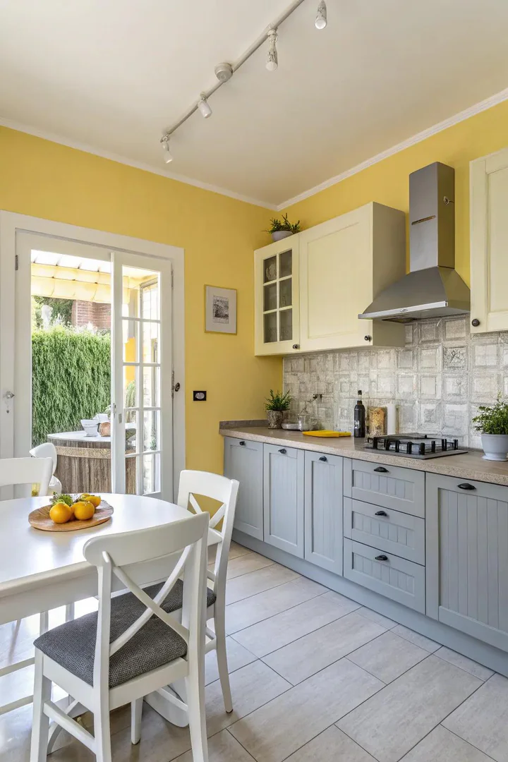 Yellow accent wall behind grey and white kitchen cabinetry.