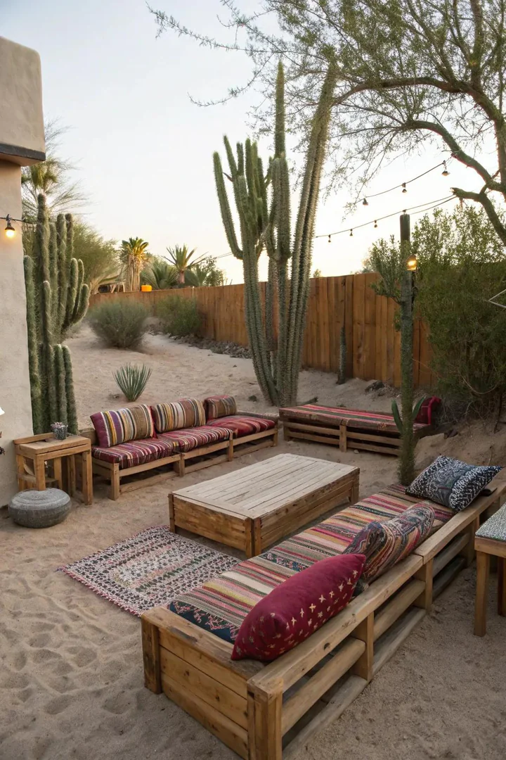 Desert patio seating area with weather-resistant chairs and shade umbrella on a gravel surface