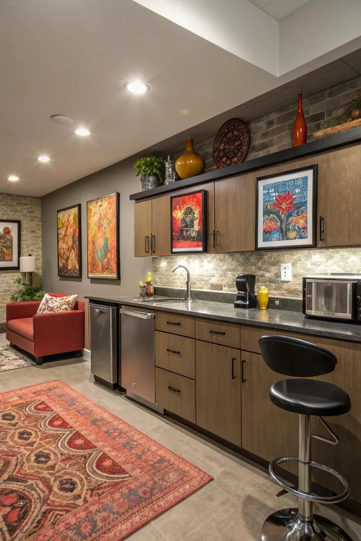 Framed artwork and prints displayed on a basement kitchen accent wall