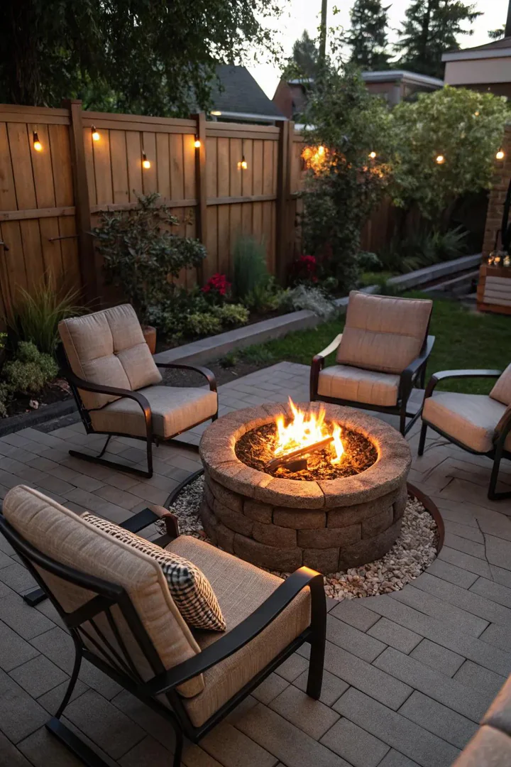 Fire pit gathering area on a budget patio.