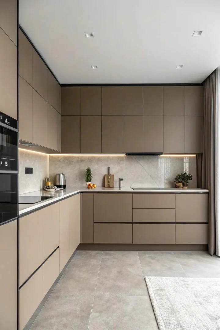 Flat-front cabinets offer a minimalist look in dark beige.