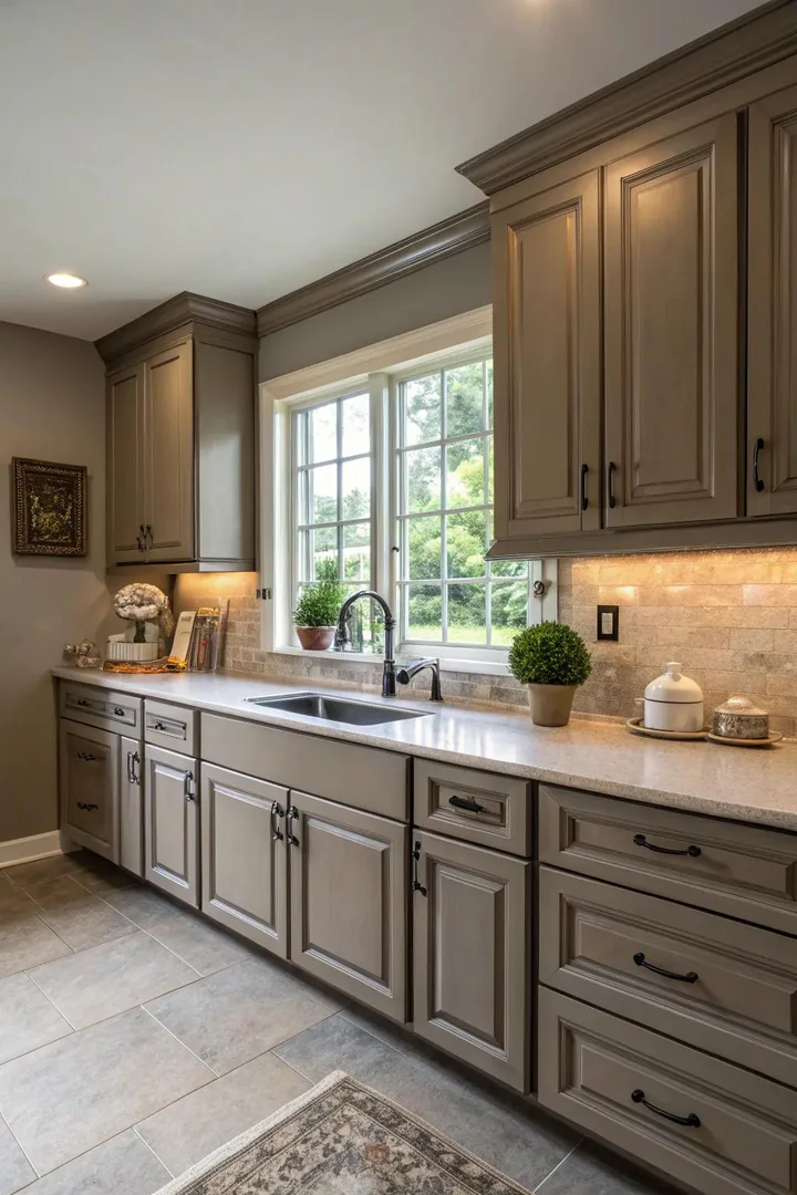 Complementary wall colors enhance beige cabinets.